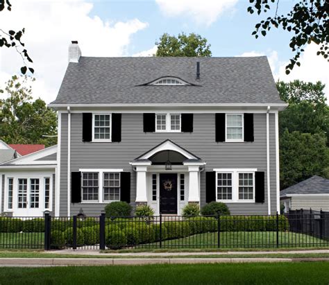 pics of gray houses with/ black metal roof and shutters|gray exterior house with black roof.